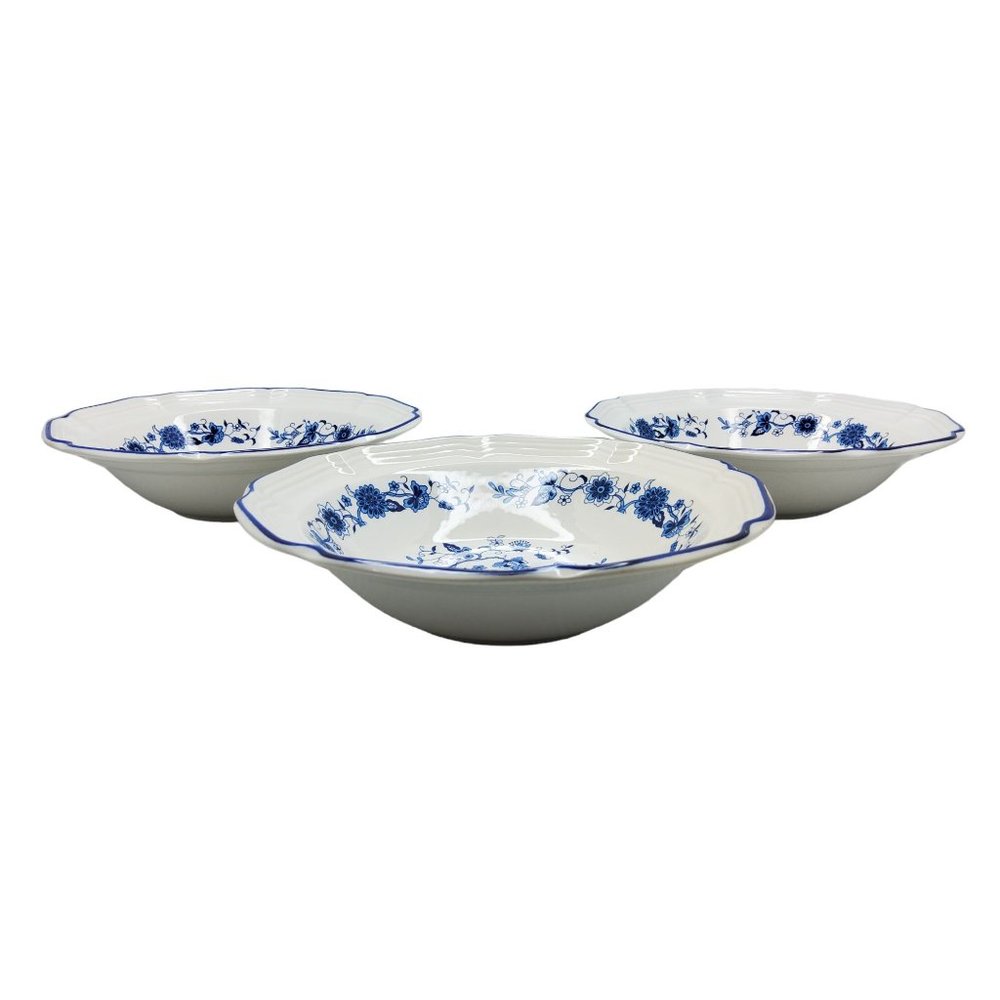 vintage 1970s set of 3 hankook seine blue porcelain floral design 7" desert/sala
